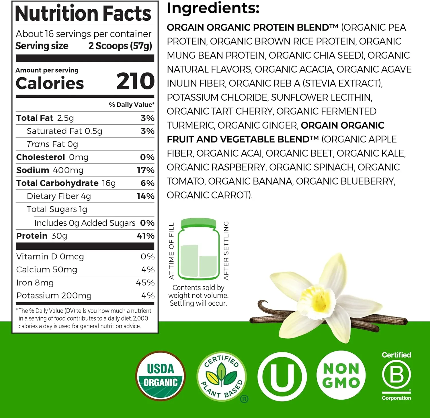 Orgain Orgain Organic Vegan Protein Powder - Ingredients View