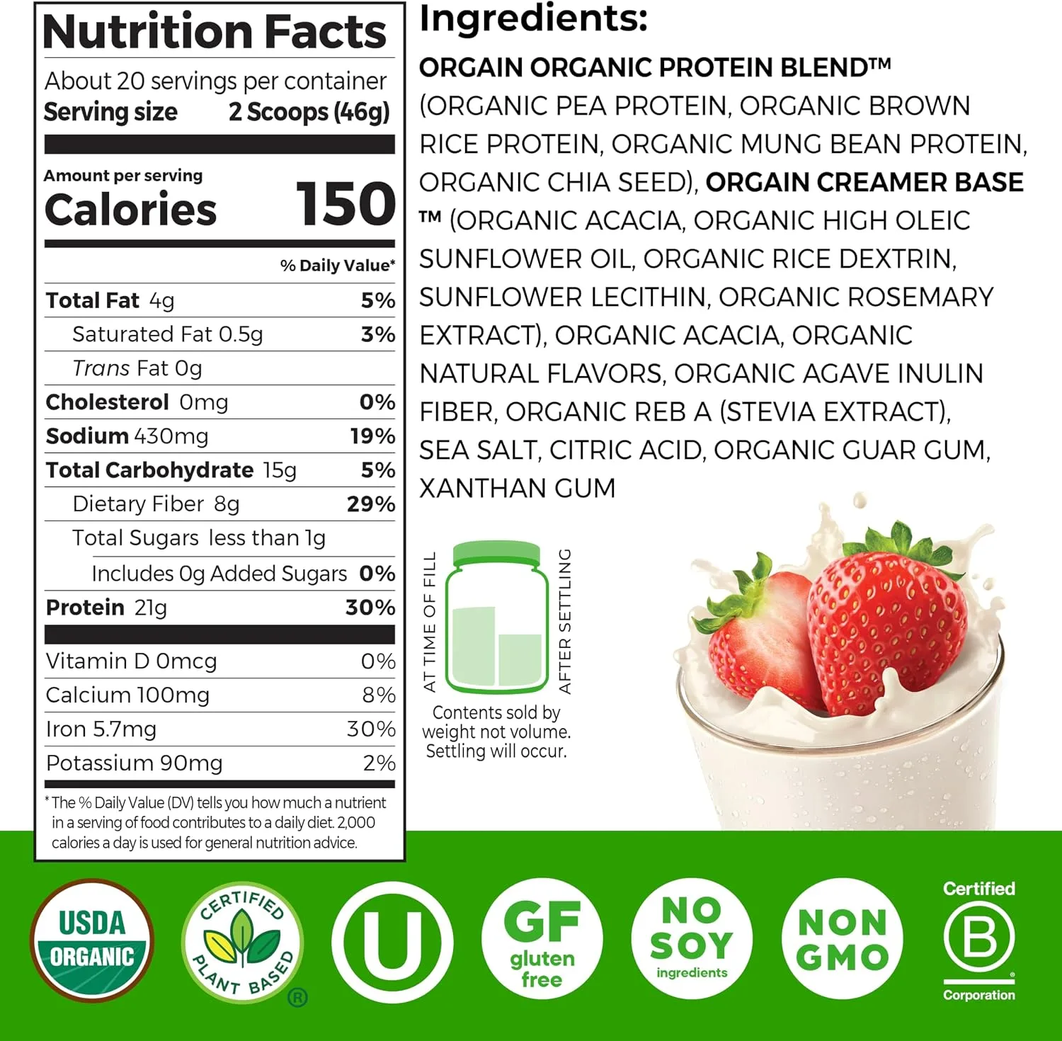 Orgain Orgain Organic Vegan Protein Powder, Strawberries & Cream - Angle View