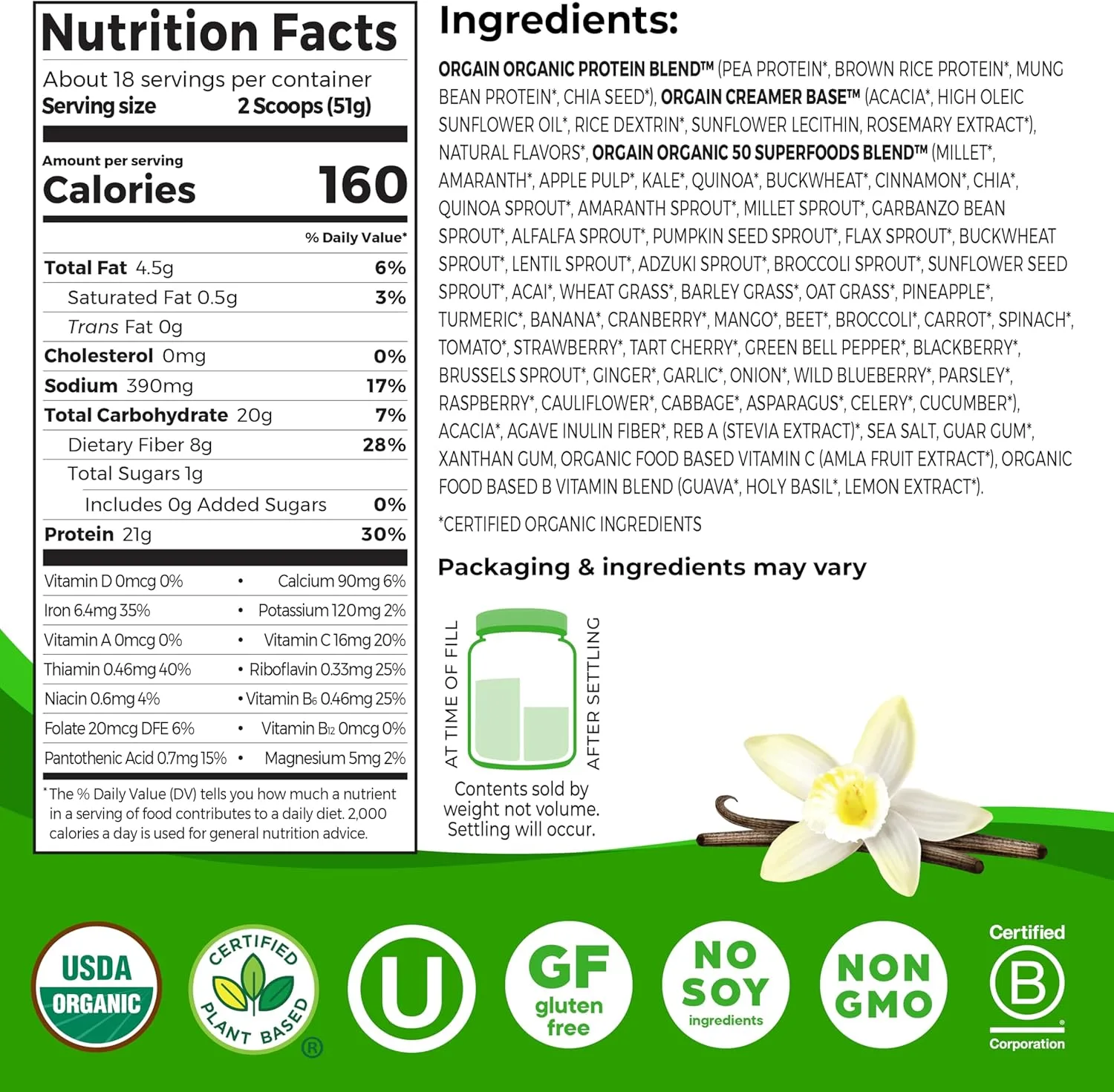 Orgain Orgain Organic Vegan Protein Powder - Vanilla Bean - Angle View